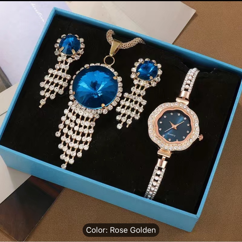 Rose Gold Blue Rhinestone 4 pcs set